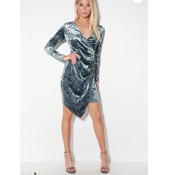 LULU’S Galiana Blue Grey Velvet Long Sleeve Wrap Dress womens size XS - Picture 12 of 12
